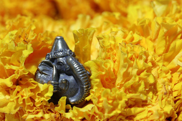Mini Ganesha made from brass among of yellow marigold flower, the son of Uma Devi god in Hinduism...