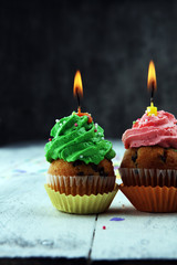 Tasty cupcakes on wooden background. Birthday cupcake in rainbow colors