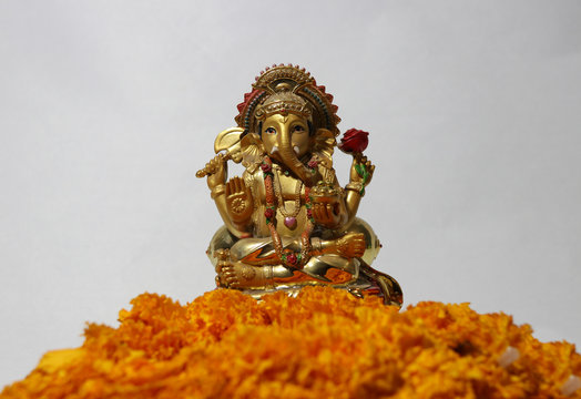 Ganesha made from brass with foreground yellow marigold flower and white background, the son of Uma Devi god in Hinduism and Brahmanism. God of knowledge and arts.
