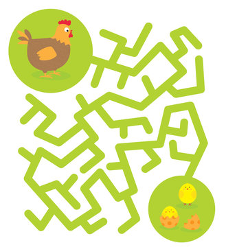 łatwy labirynt dla dzieci z kurą i kurczakami, pisanka  /  Wielkanoc 