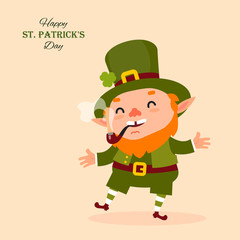 Leprechaun smokes a pipe, laughs and dances. St.Patrick 's Day. Festive collection. Vector illustration