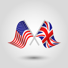 vector two crossed american and british flags on silver sticks - symbol of united states of america and united kingdom