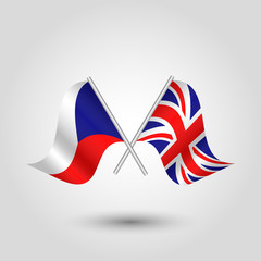 vector two crossed czech and british flags on silver sticks - symbol of czech republic and united kingdom