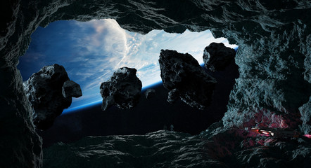 Astronauts exploring a cave in asteroid 3D rendering elements of this image furnished by NASA