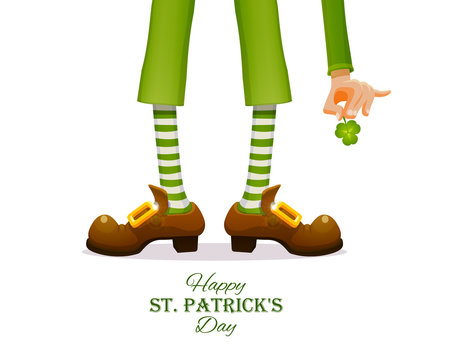 St.Patrick 's Day. Legs of a leprechaun and Patrick's hand with a shamrock clover. Humorous vector illustration