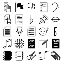 Note icons. set of 25 editable outline note icons