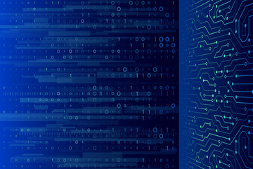 Circuit board vector illustration. Binary code digital technology on the blue background.