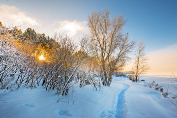 Winter landscape on the river. The river Ob, and the Ob reservoir, Novosibirsk, Siberia, Russia
