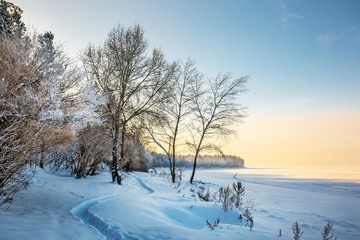 Winter landscape on the river. The river Ob, and the Ob reservoir, Novosibirsk, Siberia, Russia