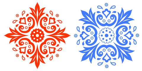 Set of two abstract drawings. Abstract pattern of red and blue. Element of design. For background design, printed products, printing, fabric. Ethnic pattern. Vector EPS 10.