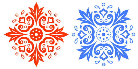 Set of two abstract drawings. Abstract pattern of red and blue. Element of design. For background design, printed products, printing, fabric. Ethnic pattern. Vector EPS 10.