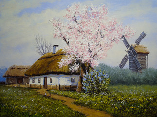 Rural oil landscape paintings, village. Fine art.