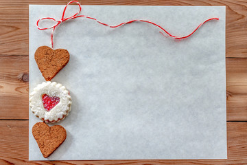 Heart Cookies on Parchment Background with Copy Space