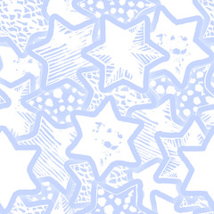 Magic watercolor stars confetti seamless pattern. Christmas, new year, birthday and other holidays background. Baby design print. Good for wallpaper, fabric, wrapping, packaging, cards, posters, web.