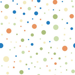 Colorful polka dots seamless pattern on white 6 background. Terrific classic colorful polka dots textile pattern. Seamless scattered confetti fall chaotic decor. Abstract vector illustration.