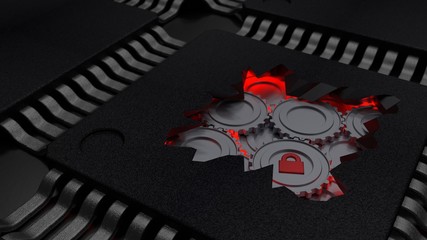 Cracked open CPU reveals red gears mechanism cybersecurity concept 3D illustration
