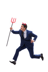 Evil devil businessman with pitchfork isolated on white backgrou