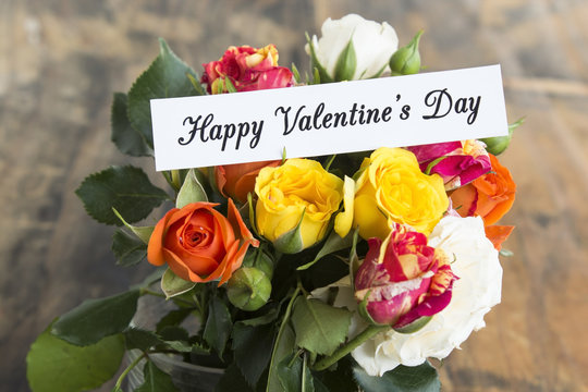 Happy Valentine's  Day, Greeting Card with Bouquet of Multicolored Roses