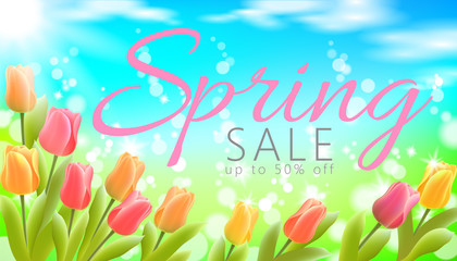 Realistic 3d spring sale script lettering web banner template. Color tulip flowers grass blue sky blue background flyer promotional square social poster vector illustration