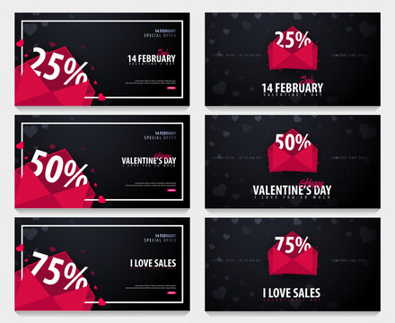 Set of Valentines day sale banners and backgrounds. Wallpaper, flyers, invitation, posters, brochure, voucher, banners. Vector illustration.