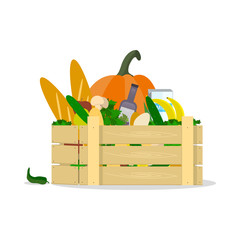  Wooden box with food, flat design object. 