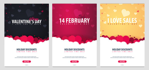 Set of Valentines day sale posters and backgrounds. Wallpaper, flyers, invitation, posters, brochure, voucher, banners. Vector illustration.
