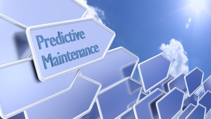 Arrows in metal with the words predictive maintenance pointing towards blue sky and sun 3D illustration