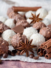 Chocolate Coconut Star Anise Cinnamon Coffee beans on Wooden Background Table