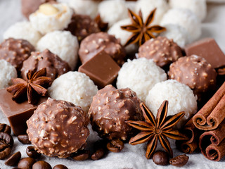 Chocolate Coconut Star Anise Cinnamon Coffee beans on Wooden Background Table
