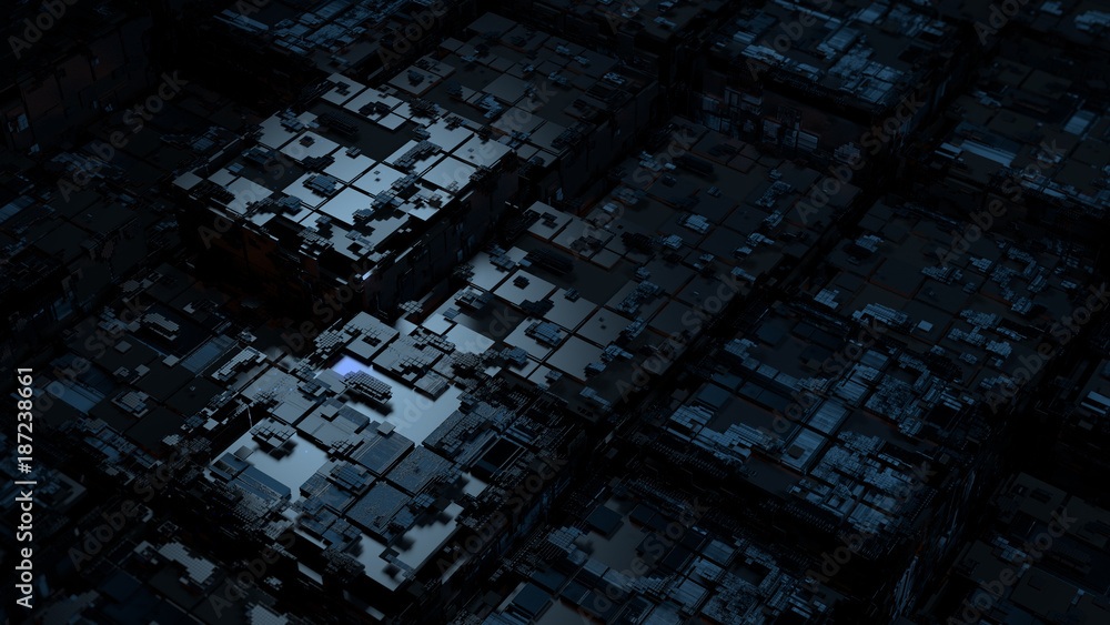 Poster abstract 3d render of technological background. high detailed complex cube structure. tech digital c