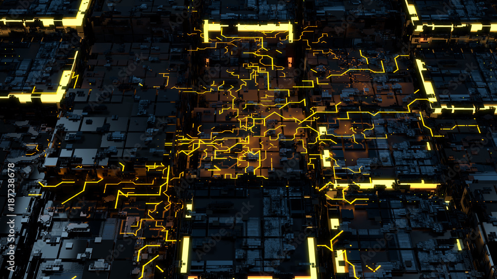 Poster abstract 3d render of technological background. high detailed complex cube structure. tech digital c