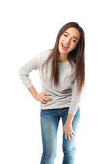 Fototapeta premium Beautiful smiling woman on white background