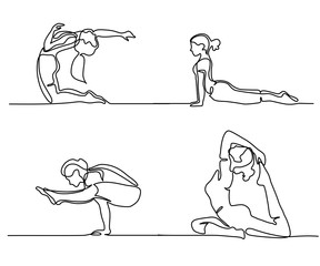 Set Continuous line drawing. Woman doing exercise in yoga pose. Vector Illustration