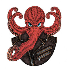 Octopus. Vintage cartoon character. Octopus wearing biker motorcycle leather jacket. Fantasy...