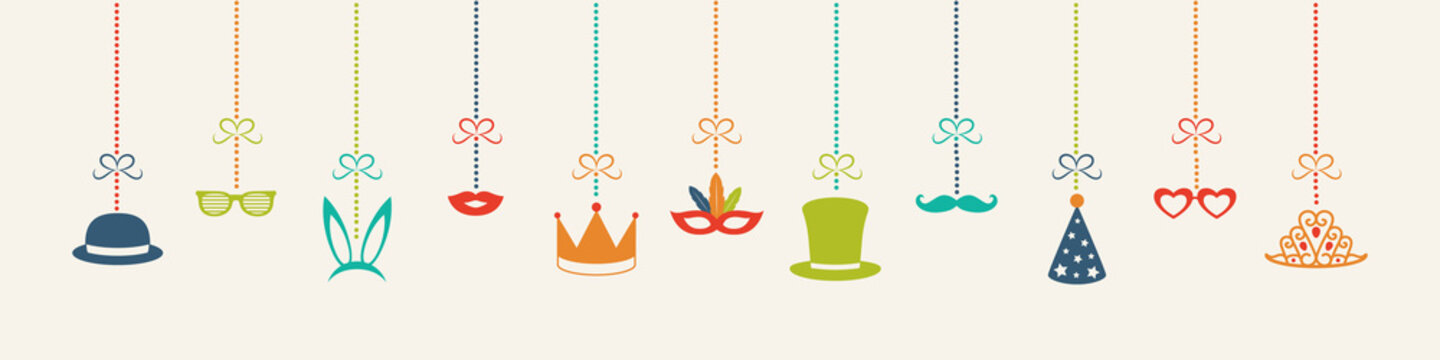 Carnival party, birthday party or photo booth hanging decorations - panoramic header. Vector.