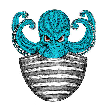 Octopus. Vintage cartoon character. Fantasy octopus sailor, navy, seaman.