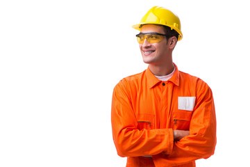 Construction worker wearing hard hat isolated on white