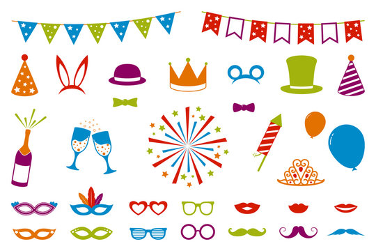 Isolated decorations for carnival party, birthday party or photo booth. Vector.