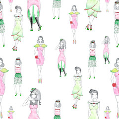 Fashion girls. Flat color pencil drawing seamless pattern