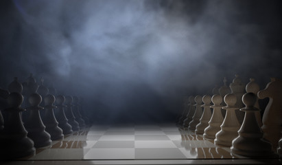 Chess game begins. Pieces standing in rows. 3D rendered illustration.