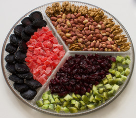 Composition with dried fruits and assorted nuts on a glass plate