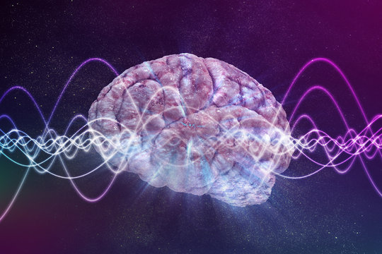 Consciousness concept. Brain and signal waves in background. 3D rendered illustration.