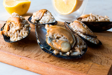 Turkish Street Food Stuffed Mussels with Lemon / Midye Dolma
