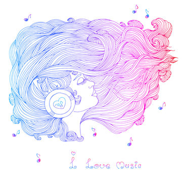 Vector painted multicolored portrait in profile of a girl with long wavy hair. Girl with closed eyes listening to music in headphones. Phrase I love music. Icon of musical notes. On a white background