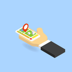 Navigation system of the smartphone in the hand. Isometric vector illustration.
