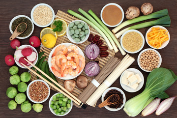 Japanese macrobiotic super food concept with tofu, soba and udon noodles, miso, wasabi nuts, kuchika tea, grains, legumes, vegetables, with foods high in protein, antioxidants and vitamins. - obrazy, fototapety, plakaty