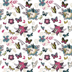 Colorful butterflies and flowers seamless pattern. Vector illustration on white background
