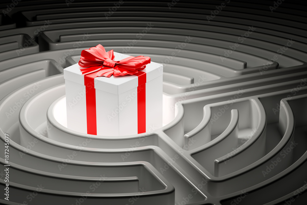 Poster gift box inside labyrinth maze. 3d rendering