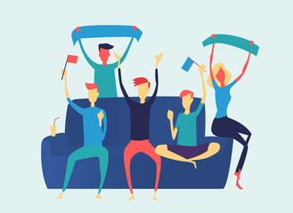 Football fans emotionally watching sport game in the room celebrating goal.
