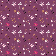 Vector illustration of cute flowers seamless pattern on violet background